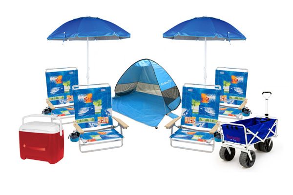 Beach package with chairs, umbrellas, cooler and wagon